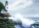 Lighthouse with waves crashing on rocks beautiful scenic background paper
